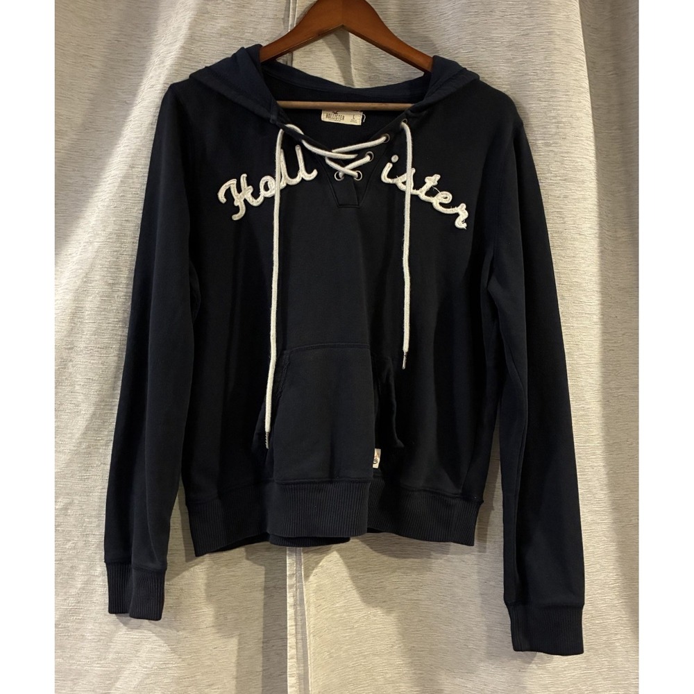 Hollister Y2K Tie Front Pullover Hoodie Navy Blue Logo Sweatshirt Womens Large